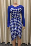 Blue Elegant Plaid Print Patchwork See-through Asymmetrical O Neck One Step Skirt Dresses