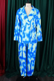 Синий модный повседневный принт с пуговицами в стиле пэчворк с отложным воротником и длинным рукавом из двух частей