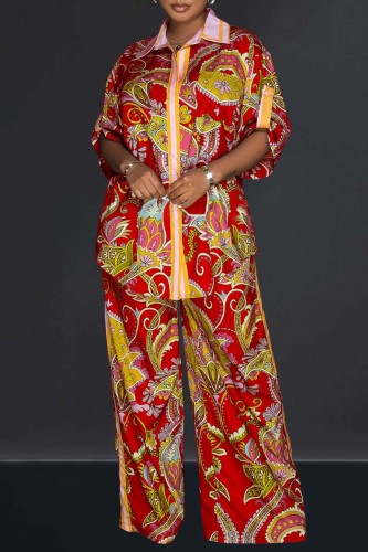 Red Casual Print Patchwork Shirt Collar Half Sleeve Two Pieces