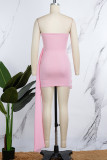 Pink Sexy Tassel Backless Fold Mesh Strapless One Step Skirt Dresses