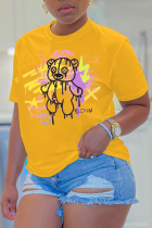 T-shirts à col rond patchwork imprimés jaunes Street Daily
