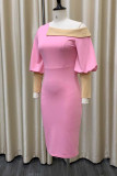 Pink Casual Elegant Solid Patchwork asymmetrischer Kragen Bleistiftrock Kleider