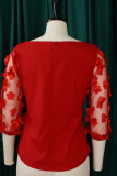 Red Casual Solid Bandage Patchwork Appliques O Neck Plus Size Tops