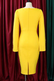 Amarillo Elegante Sólido Patchwork Rebordear O Cuello Vestido De Noche Vestidos