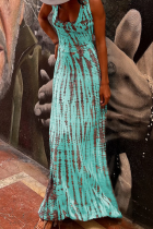Голубое сексуальное полосатое лоскутное платье без спинки с U-образным вырезом