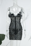 Black Sexy Party Formele Hot Drilling See-through Beading V-hals schede jurken