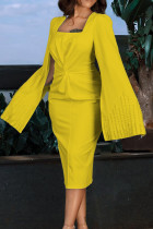 Robe de soirée jaune élégante en patchwork solide avec perles et col en V