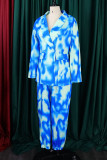 Синий модный повседневный принт с пуговицами в стиле пэчворк с отложным воротником и длинным рукавом из двух частей