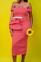 ピンクセレブのエレガントなソリッドパッチワークオフショルダーワンステップスカートドレス