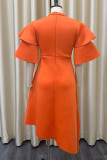 Tangerine Red Casual Elegant Solid Patchwork Flounce Half A Turtleneck Evening Dress Dresses