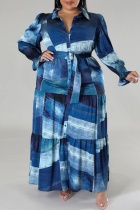 koningsblauw casual print patchwork gesp volant kraag overhemdjurk grote maten jurken (met riem)