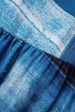 Azul Pavão Casual Estampa Patchwork Fivela Folho Camisa Gola Desligada Vestido Vestidos Plus Size (Com Cinto)
