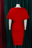 赤 カジュアル ソリッド パッチワーク Vネック ペンシル スカート ドレス
