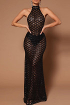 Zwarte sexy formele patchwork pailletten doorzichtige halter lange jurkjurken