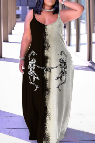 Grey Black Halloween Casual Graphics Print Backless Spaghetti Strap Floor Length Vacation Baggy Sundress Slip Maxi Dress