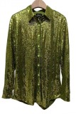 Green Casual Patchwork Sequins Shirt Collar Tops