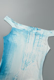 Blauwe casual print rugloze off-shoulder rokjurken met één stap