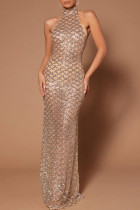 Абрикосовое сексуальное вечернее платье в стиле пэчворк с блестками, прозрачное длинное платье с лямкой на шее, платья