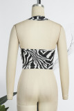 Tops de cintura alta con cuello halter sin espalda de patchwork con estampado animal sexy en blanco y negro