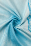 ブルー カジュアル プリント バックレス オフショルダー ワン ステップ スカート ドレス