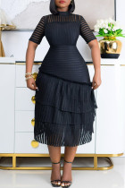 Negro elegante sólido ahuecado hacia fuera patchwork cremallera medio cuello alto cintura falda vestidos