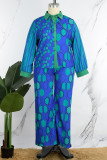 Turquoise Casual Print Patchwork Pocket Frenulum Buttons Turndown Collar Plus Size Two Pieces