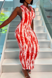 赤いセクシーなプリント パッチワーク フード付き襟ラップ スカート ドレス
