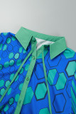 Turkoois casual print patchwork zak frenulum knopen kraag grote maat twee stuks