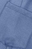 Vestidos de brim liso casual azul patchwork com fivela gola redonda manga curta