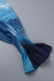 Bleu royal imprimé décontracté patchwork boucle volants col rabattu robe chemise grande taille robes (avec ceinture)