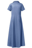 Light Blue Casual Solid Patchwork Buckle Turndown Collar Short Sleeve Straight Denim Dresses