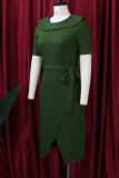 Армейский зеленый повседневный однотонный пэчворк с воланами асимметричные платья с круглым вырезом и юбкой в ​​один шаг