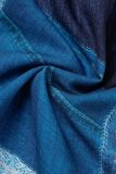 Bleu royal imprimé décontracté patchwork boucle volants col rabattu robe chemise grande taille robes (avec ceinture)