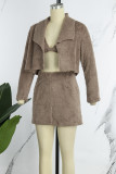 Brown Sexy Casual Solid Patchwork Turndown Collar Long Sleeve Three Piece Set