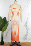 オレンジ カジュアル プリント バックレス オフショルダー ワン ステップ スカート ドレス