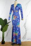 ブルー カジュアル プリント パッチワーク V ネック ロング ドレス ドレス
