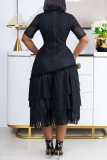 Schwarze, elegante, solide, ausgehöhlte Patchwork-Reißverschluss-Kleider mit halbem Rollkragen und Taillenrock