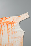 Oranje casual print rugloze off-shoulder rokjurken met één stap