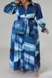 Royal Blue Casual Print Patchwork Hebilla Volante Cuello vuelto Vestido camisero Vestidos de talla grande (con cinturón)