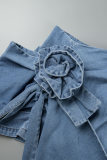 Saia jeans skinny azul casual patchwork assimétrica de cintura alta