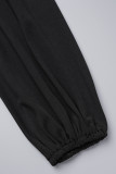 Robes noires décontractées à manches longues et col en V à plis solides
