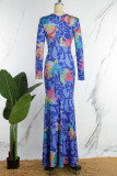 Blue Casual Print Patchwork V Neck Long Dress Dresses