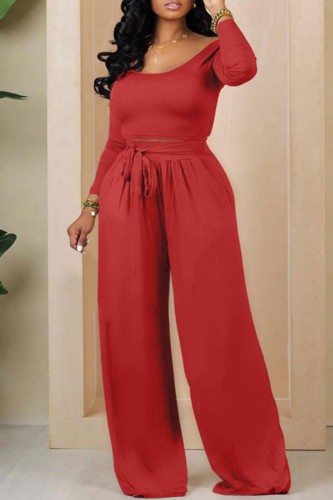 Red Casual Solid Basic O Neck Long Sleeve Two Pieces