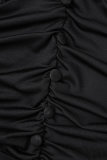 Vestidos de manga larga con cuello en V y pliegues sólidos casuales negros
