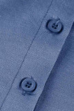 ブルー カジュアル ソリッド パッチワーク バックル ターンダウンカラー 半袖 ストレート デニム ドレス