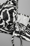Noir et Blanc Sexy Imprimé Animal Bandage Patchwork Dos Nu Halter Taille Haute Tops
