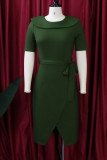 Vestidos de saia única com decote em O e decote em bico casual sólido patchwork verde militar