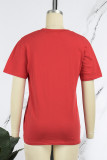 Rote T-Shirts mit lässigem Aufdruck und Totenkopf-Patchwork und O-Ausschnitt