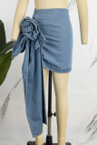 Faldas de mezclilla flacas de cintura alta asimétrica de patchwork sólido informal azul