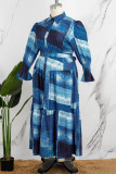Paon bleu décontracté imprimé patchwork boucle volants col rabattu robe chemise grande taille robes (avec ceinture)
